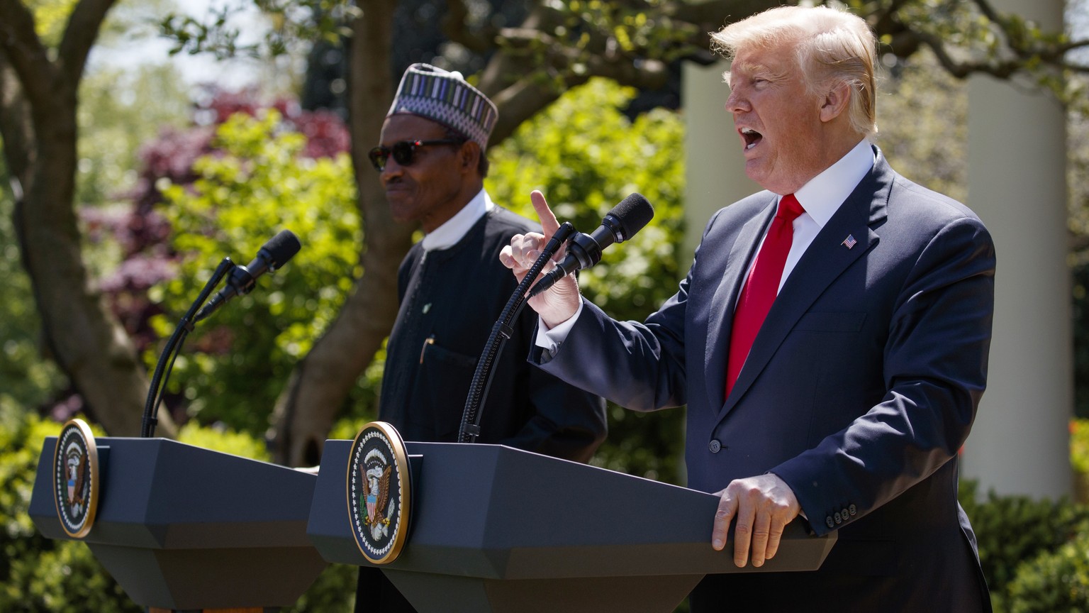 President Donald Trump speaks during a news conference with President Muhammadu Buhari in the Rose Garden of the White House, Monday, April 30, 2018, in Washington. (AP Photo/Evan Vucci)