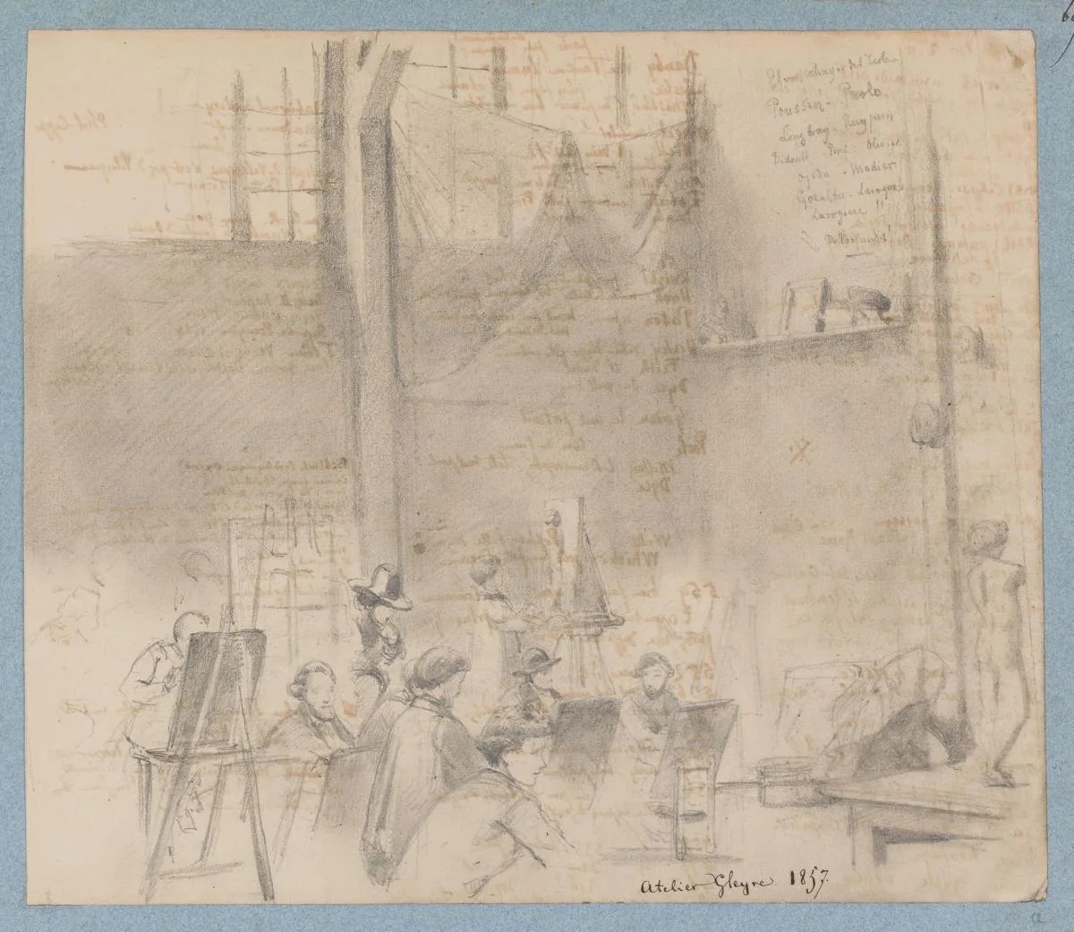 «Une scéance dans l’atelier de Gleyre», par Alfred Dumont, 1857.
https://www.mahmah.ch/collection/oeuvres/une-sceance-dans-latelier-de-gleyre/dum-063-069