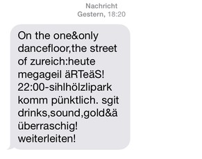 Mit diesem SMS wurde zur RTS-Tanzdemonstration aufgerufen.&nbsp;