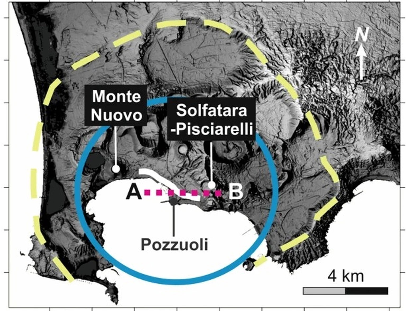 Die Bodenbewegung hat sich über die zentralen 80 km2 (blaue Ellipse) der Caldera (gestrichelter Umriss) erstreckt. Der Grossteil der VT-Seismizität seit 1983 konzentrierte sich auf die Starza-Meereste ...