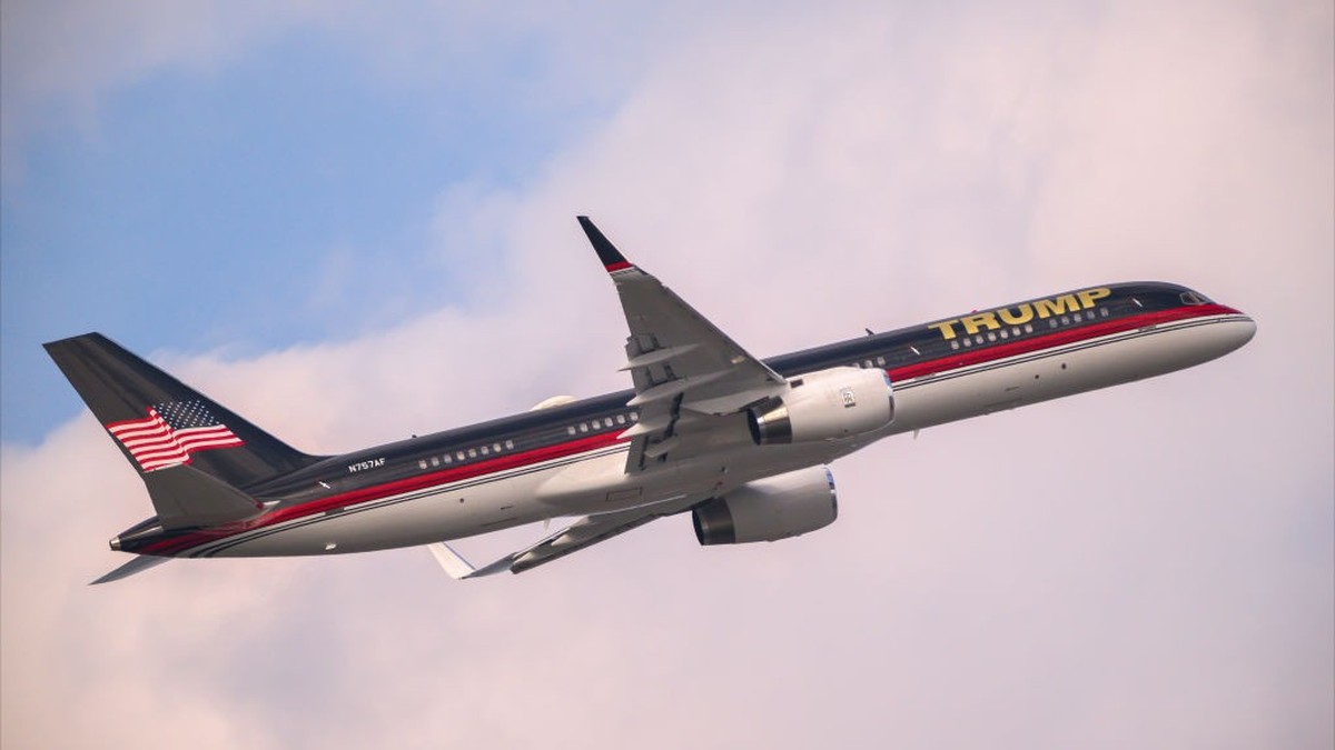 NEW YORK, NEW YORK - APRIL 04: Former U.S. President Donald Trump leaves LaGuardia Airport in a Boeing 757 named 'Trump Force One' after being indicted by a New York grand jury on April 04,  ...