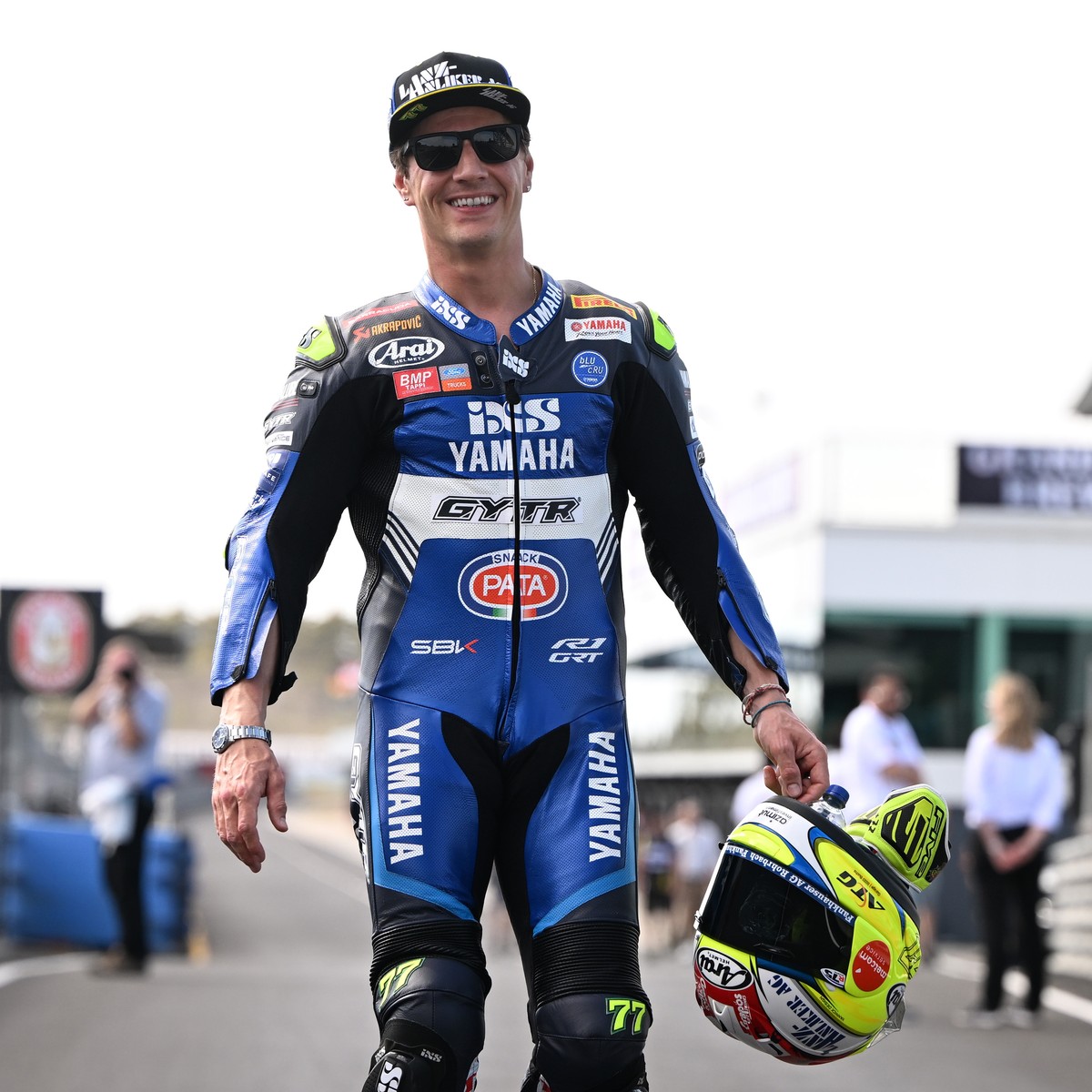 epa11171416 Swiss rider Dominique Aegerter of GYTR GRT Yamaha WorldSBK Team arrives for a group photo ahead of the Superbike World Championship on Phillip Island, Australia 22 February 2024. EPA/JOEL  ...
