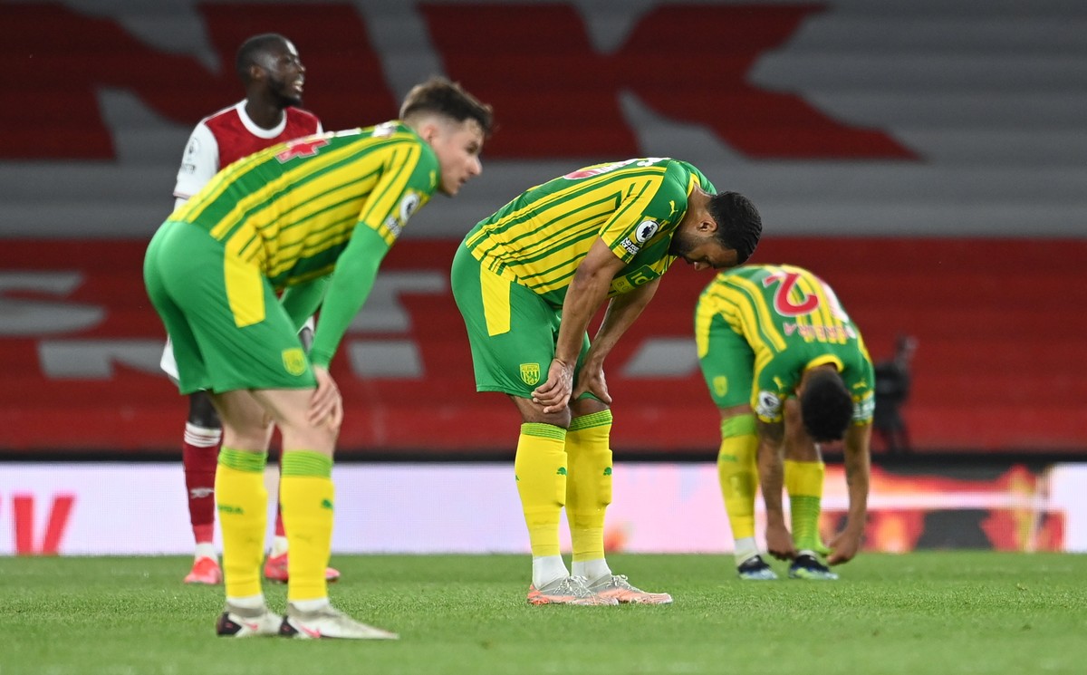 epa09188465 West Bromwich players react after the English Premier League soccer match between Arsenal FC and West Bromwich Albion in London, Britain, 09 May 2021. EPA/Andy Rain / POOL EDITORIAL USE ON ...