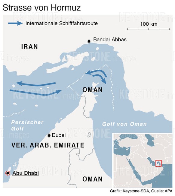 GRAFIK --- Karte mit der internationalen Schifffahrtsroute durch die Meerenge von Hormuz (90 X 100 mm quer), vom Donnerstag, 11. Juli 2019. (KEYSTONE/Christian Sprang)