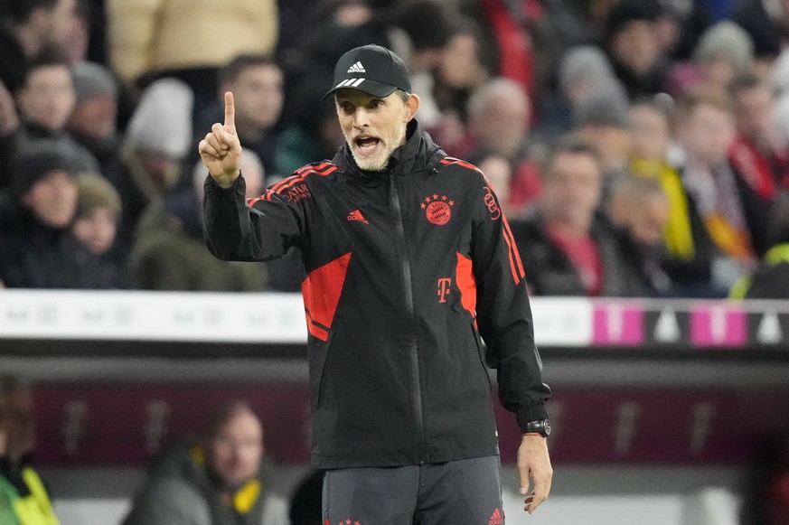 Bayern&#039;s head coach Thomas Tuchel gestures during the German Bundesliga soccer match between FC Bayern Munich and Borussia Dortmund at the Allianz Arena stadium in Munich, Germany, Saturday April ...