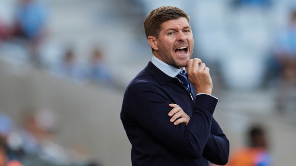 epa09392502 Rangers FC coach Steven Gerrard during the UEFA Champions League qualiying game between Malmoe FF and Rangers at Malmoe New Stadium, Sweden, 03 August 2021. EPA/Andreas Hillergren/TT SWEDE ...