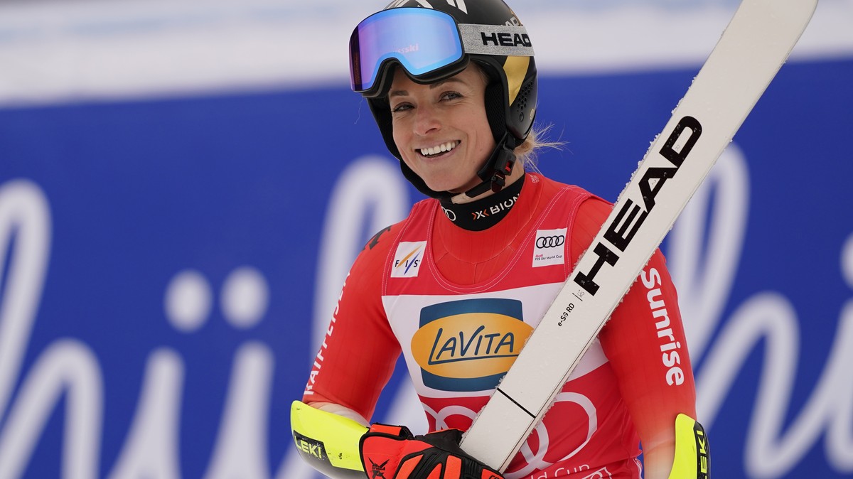 Switzerland's Lara Gut Behrami reacts after completing an alpine ski, women's World Cup super G, in Garmisch, Germany, Sunday, Jan. 26, 2025. (AP Photo/Piermarco Tacca)