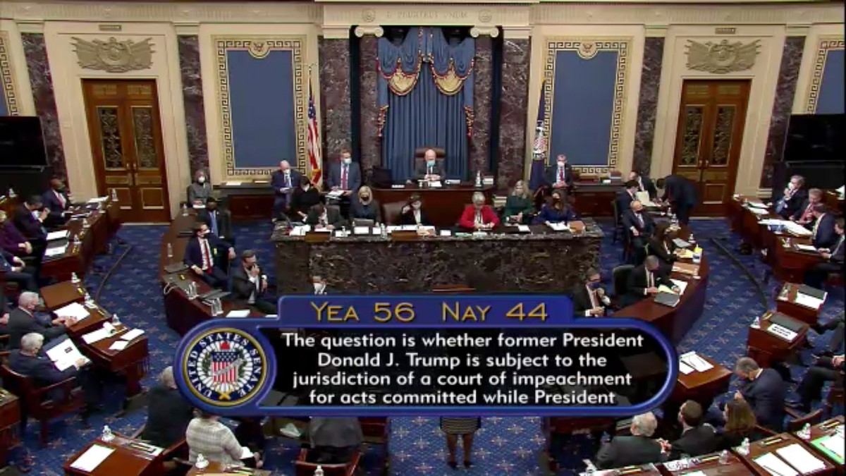 epa08999760 A screen grab from a live broadcast by the Senate TV showing the Senate votes of 'Yae 56 Nay 44' deciding if former US President Trump is subject to a court of impeachment follow ...