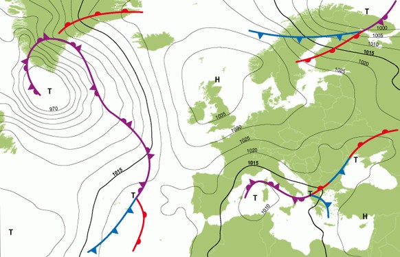 Die allgemeine Wetterlage über Europa am 27. Februar. Das Hoch über Grossbritannien und das Tief über dem Mittelmeer sind weiterhin sichtbar.