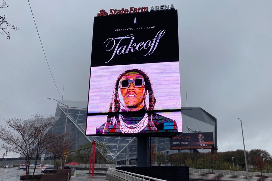 A sign announces the memorial service for slain rapper Takeoff at Atlanta&#039;s State Farm Arena on Friday, Nov. 11, 2022. He was a member of the hip-hop trio Migos. (AP Photo/Sudhin Thanawala)