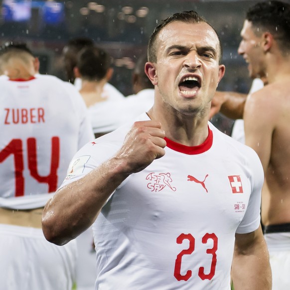 Switzerland&#039;s midfielder Xherdan Shaqiri, celebrates the victory during the FIFA World Cup 2018 group E preliminary round soccer match between Switzerland and Serbia at the Arena Baltika Stadium, ...