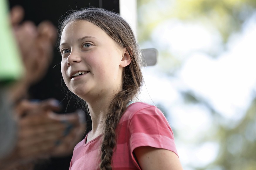 epa07857699 Sixteen-year-old climate activist Greta Thunberg speaks at the Youth Climate Strike in Battery Park in New York, New York, USA, 20 September 2019. An estimated quarter of a million people  ...