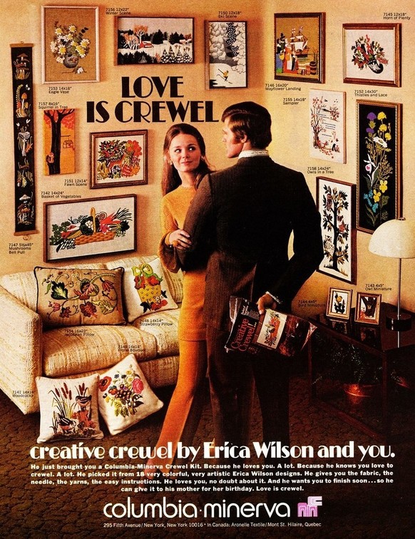 Die 1970er – als Häkeln und Stricken sexy waren. 
https://flashbak.com/yarnvertising-diy-fashion-adverts-of-the-1970s-25787/