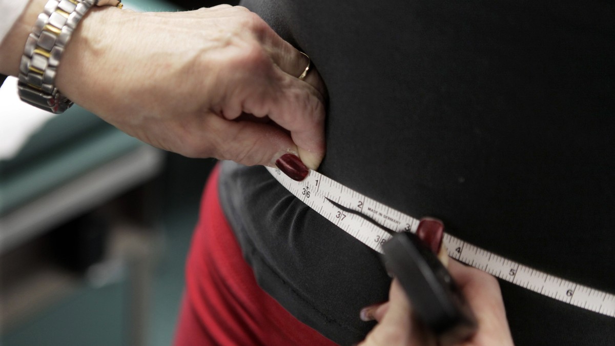 FILE - In this Jan. 20, 2010 file photo, a subject's waist is measured during an obesity prevention study in Chicago. Obesity rates in the U.S. have been rising steadily for well over a decade an ...
