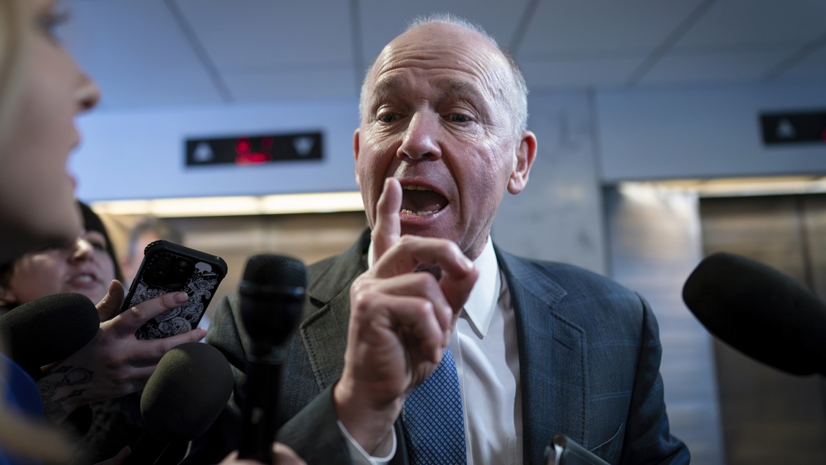 Boeing CEO Dave Calhoun speaks briefly with reporters after a meeting in the office of Sen. Mark Warner, D-Va., at the Capitol in Washington, Wednesday, Jan. 24, 2024. Part of the Boeing 737 MAX 9 fle ...