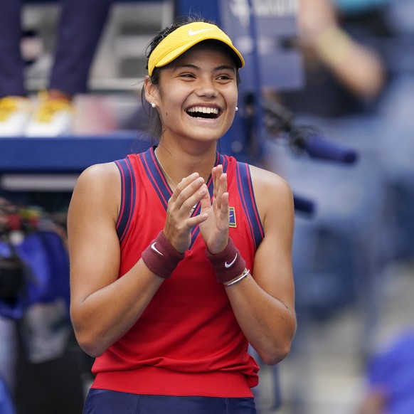 Emma Raducanu, of Britain, celebrates after winning her match against Shelby Rogers, of the United States, in the fourth round of the US Open tennis championships, Monday, Sept. 6, 2021, in New York.  ...