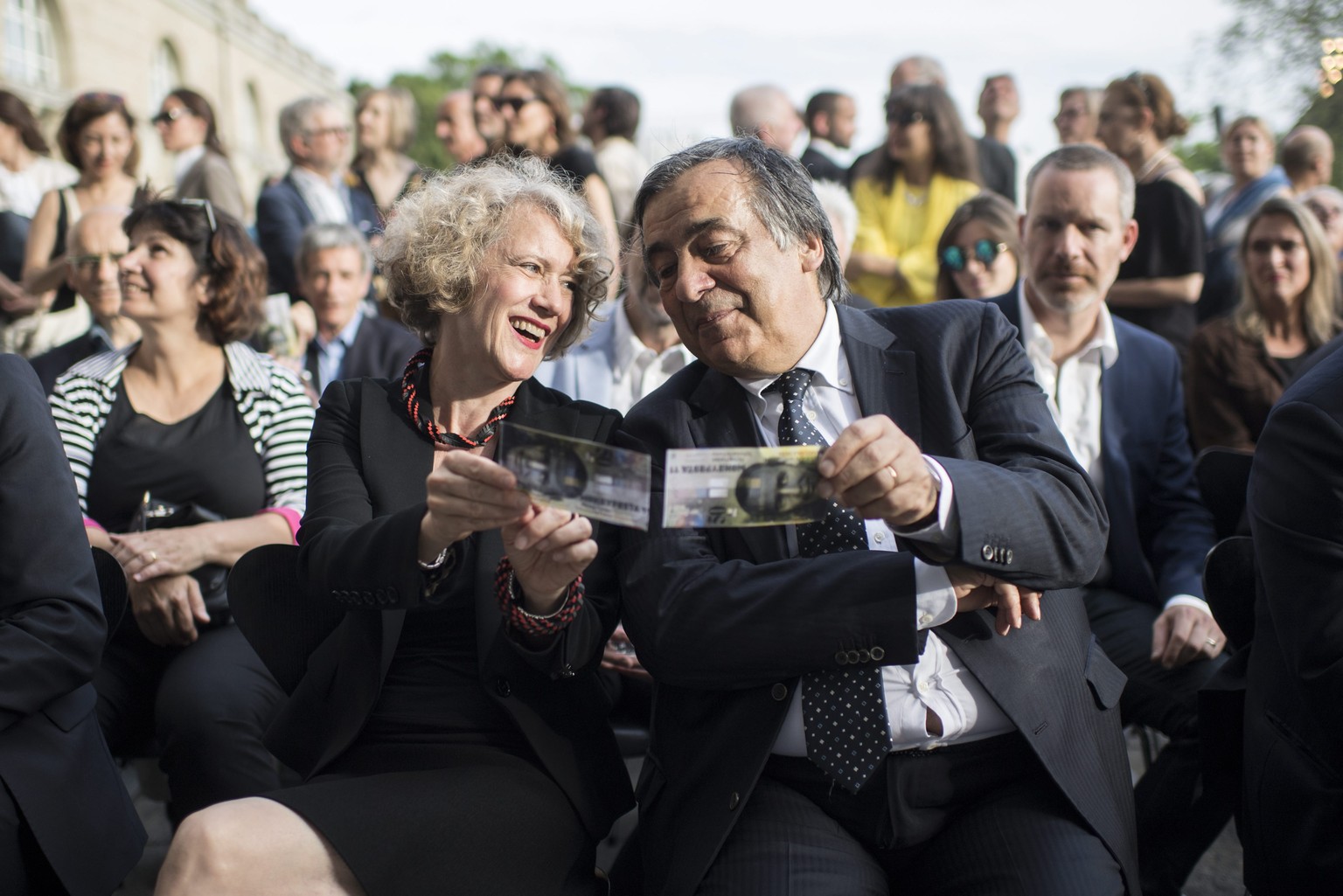 epa05355442 Italian politician and Mayor of Palermo Leoluca Orlando (C-R), member of the Manifesta 12 team in Palermo, Italy in 2018, and Mayor of Zurich Corine Mauch (C-L) attend the Opening Ceremony ...
