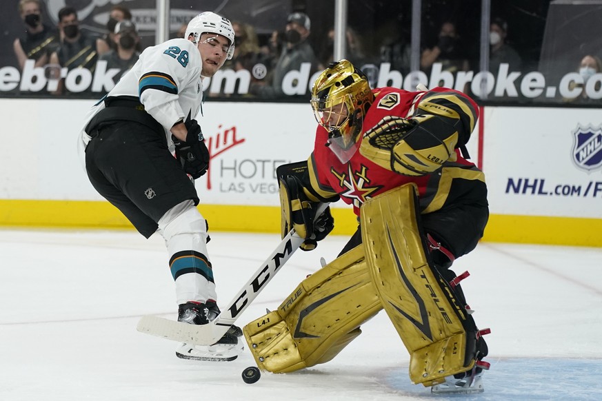 Vegas Golden Knights goaltender Marc-Andre Fleury (29) blocks a shot by San Jose Sharks right wing Timo Meier (28) during the first period of an NHL hockey game Monday, March 15, 2021, in Las Vegas. ( ...