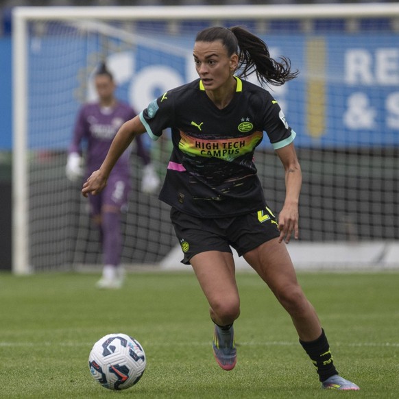 Sittard, The Netherlands, May 03, 2025: Riola Xhemaili 27 PSV Vrouwen controls the ball action during the Azerion Vrouwen Eredivisie game between Fortuna Sittard and PSV at the Fortuna Sittard Stadion ...