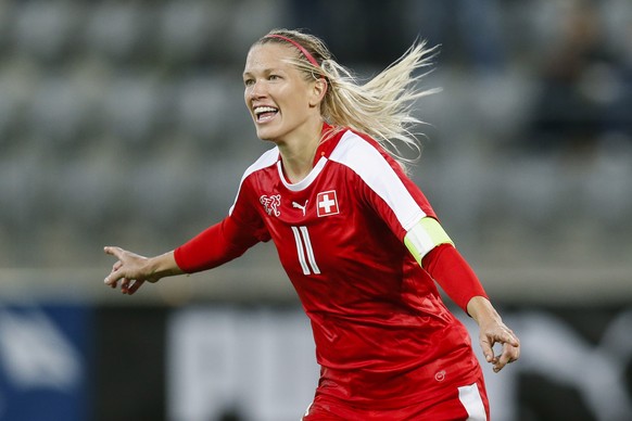 Switzerland&#039;s Lara Dickenmann celebrates after scoring the 2-1 during the FIFA Women&#039;s World Cup 2019 qualifying soccer match between Switzerland and Poland at the Tissot Arena in Biel, Swit ...
