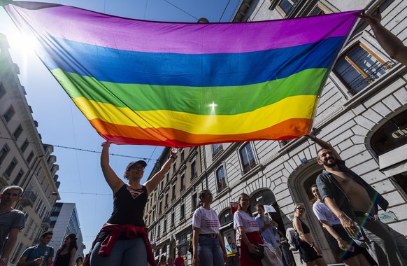 epa07699459 People participate in the Pride March LGBTQ + Pride (Lesbian, Gay, Bi, Trans and more), in Geneva, Switzerland, 06 July 2019. EPA/MARTIAL TREZZINI
