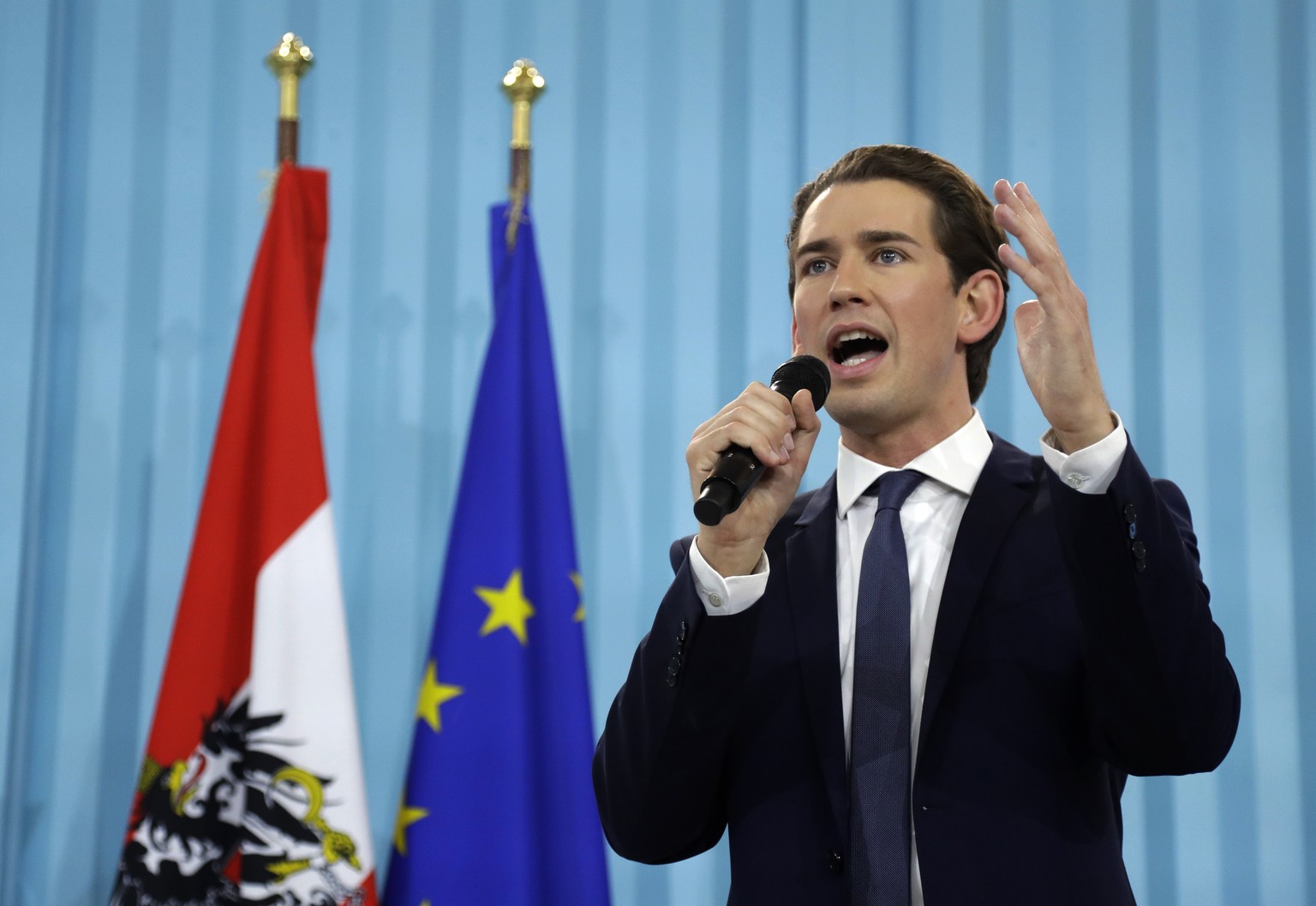 Foreign Minister Sebastian Kurz, head of Austrian People&#039;s Party, speaks during the election party in Vienna, Austria, Sunday, Oct. 15, 2017, after the closing of the polling stations for the Aus ...