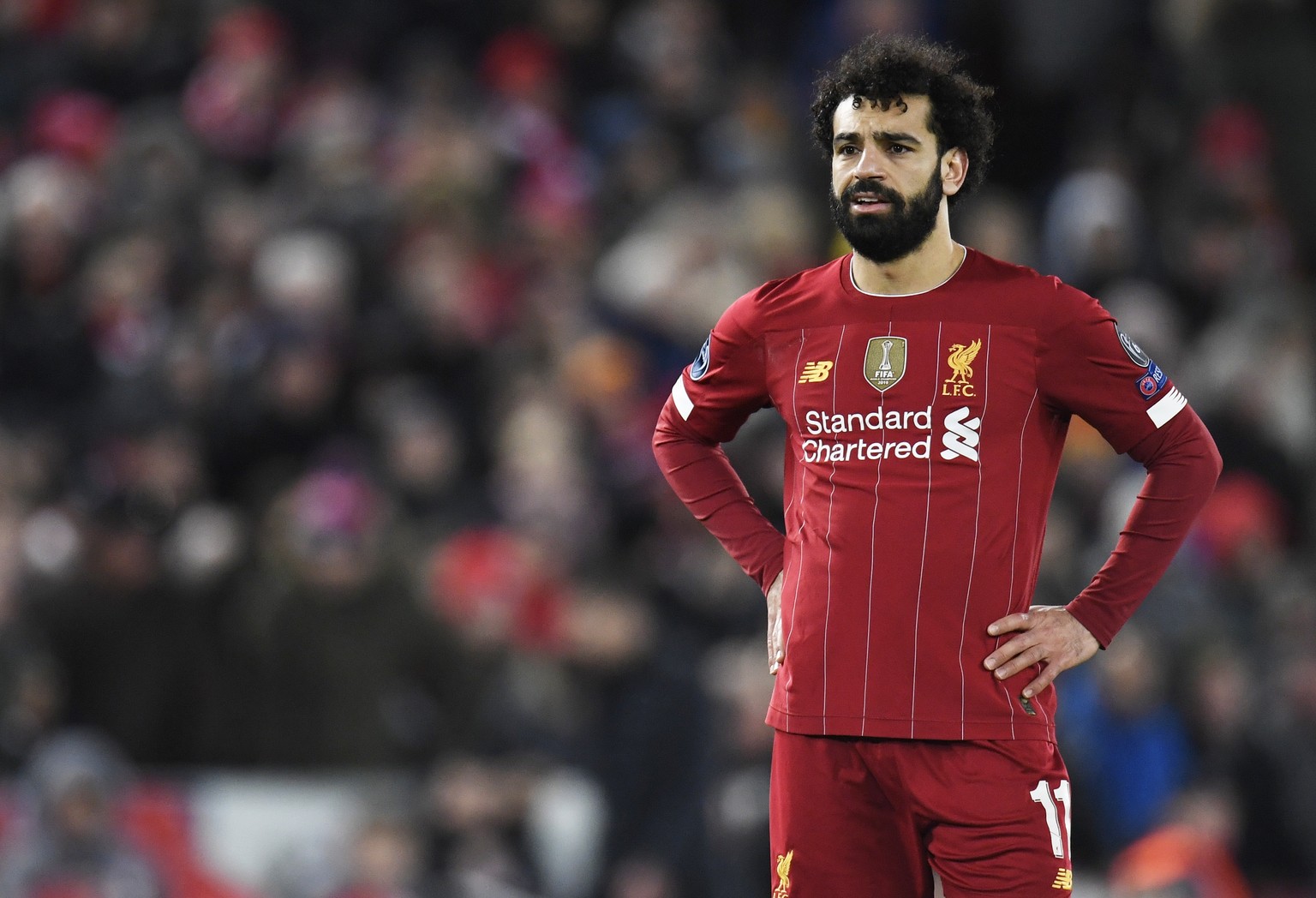 epa08287593 Mohamed Salah of Liverpool during the UEFA Champions League Round of 16, second leg match between Liverpool FC and Atletico Madrid in Liverpool, Britain, 11 March 2020. EPA/PETER POWELL