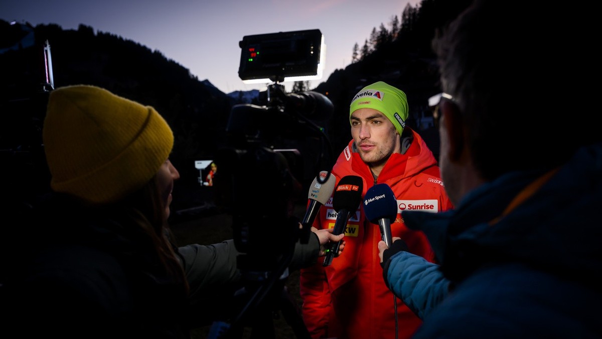 Ski racer Daniel Yule from Switzerland, speaks to journalists during the Swiss-Ski federation press conference at the FIS Alpine Ski World Cup, in Adelboden Switzerland, Friday, January 6, 2023. (KEYS ...