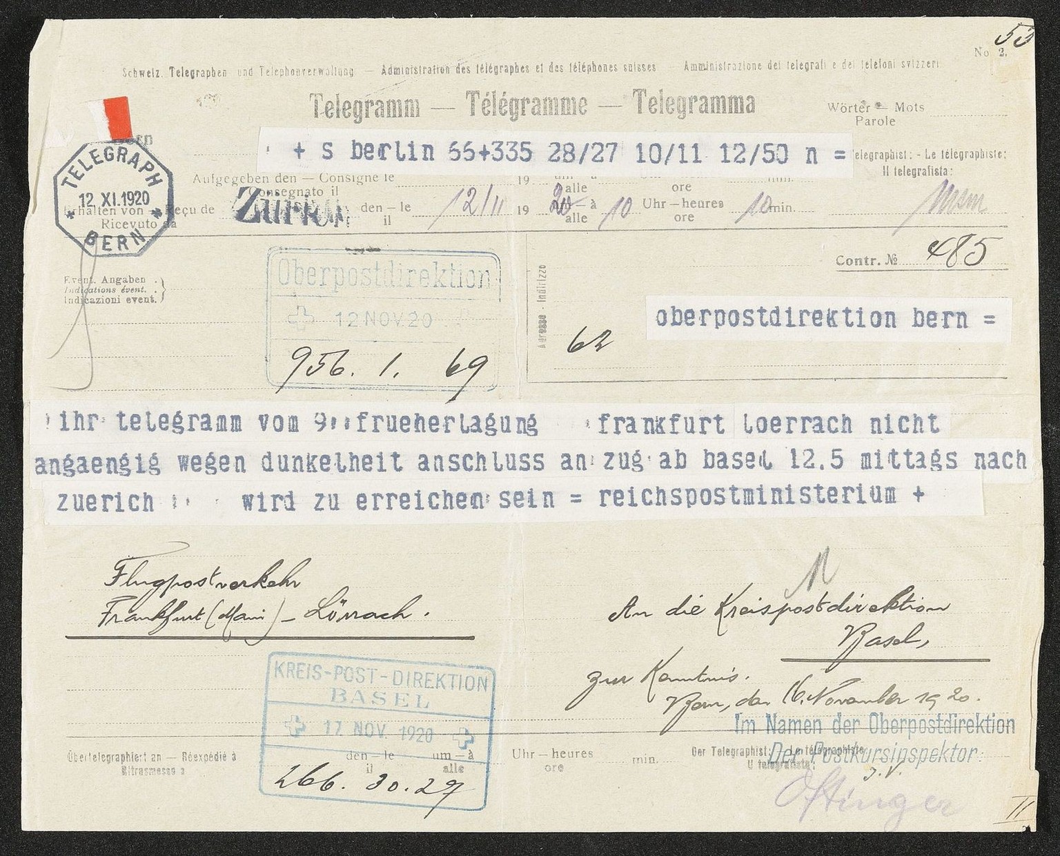 Propeller, Schiene, Kabel: Das ganze Arsenal an Kommunikationsmitteln im Einsatz: Ein Telegramm des deutschen Reichspostministeriums von 1920 an die Schweizer Oberpostdirektion bzgl. ausgefallenem Pos ...