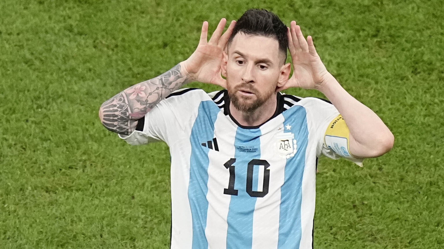 Argentina&#039;s Lionel Messi celebrates after scoring during the World Cup quarterfinal soccer match between the Netherlands and Argentina, at the Lusail Stadium in Lusail, Qatar, Friday, Dec. 9, 202 ...