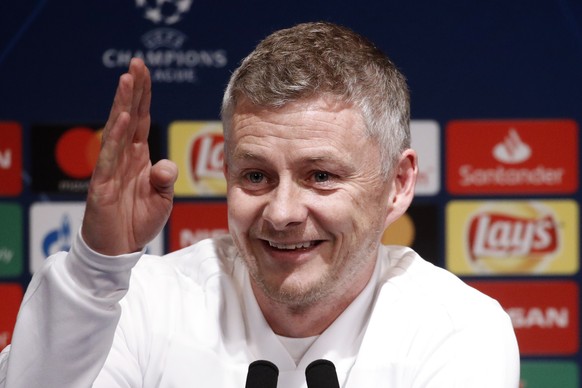 epa07415541 Manchester's head coach Ole Gunnar Solskjaer talks during a press conference at the Parc des Princes Stadium in Paris, France, 05 March 2019. PSG will play Manchester the UEFA Champions Le ...