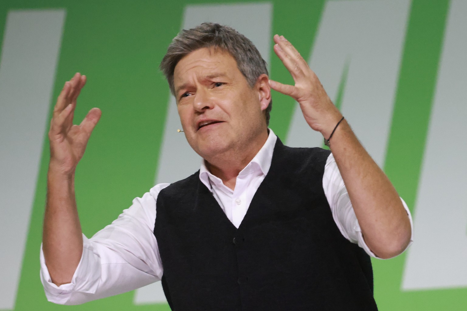 epa11811202 Top candidate for the German federal parliamentary elections of the Green Party (Die Gruenen), German Minister for Economy and Climate Robert Habeck, speaks during the kick-off campaign to ...