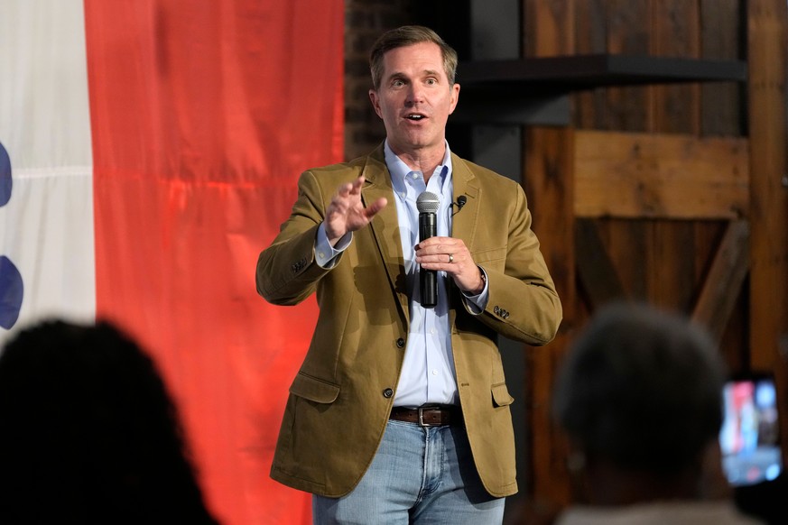 Kentucky Gov. Andy Beshear speaks during a campaign rally for Iowa Democratic gubernatorial candidate Rob Sand, Sunday, June 7, 2026, in Des Moines, Iowa. (AP Photo/Charlie Neibergall)
Andy Beshear