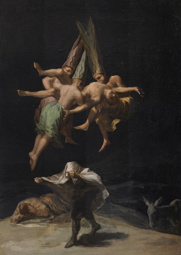 «Hexenflug», 1797/98 gemahnt auf unheimliche Weise an Goyas «Strohpuppe»; die grinsenden Mädchen sind zu fliegenden Hexen geworden, während sich der Mann unten mit der Decke vor ihrem bösen Blick schü ...