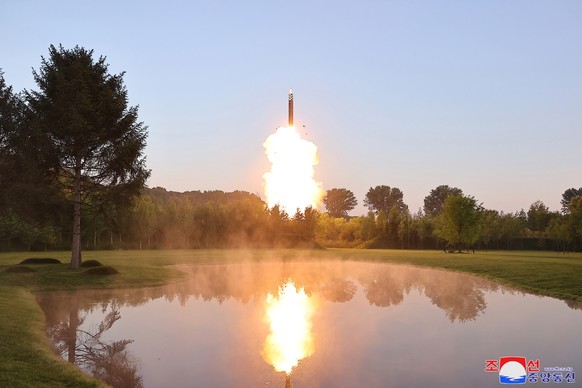 epa11440764 A photo released by the official North Korean Central News Agency (KCNA) shows a test of the separation and guidance control test of individual mobile warheads at an undisclosed location i ...