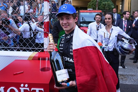 Mercedes driver Andrea Kimi Antonelli, of Italy, reacts after winning the Formula One Monaco Grand Prix race at the Monaco racetrack, Sunday, June 7, 2026. (AP Photo/Fatima Shbair)
Monaco F1 GP Auto R ...