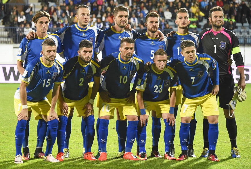 epa05525963 Players of Kosovo line up before the FIFA World Cup 2018 qualifying soccer match between Finland and Kosovo at the Veritas stadium in Turku, Finland, 05 September 2016. Kosovo played their ...