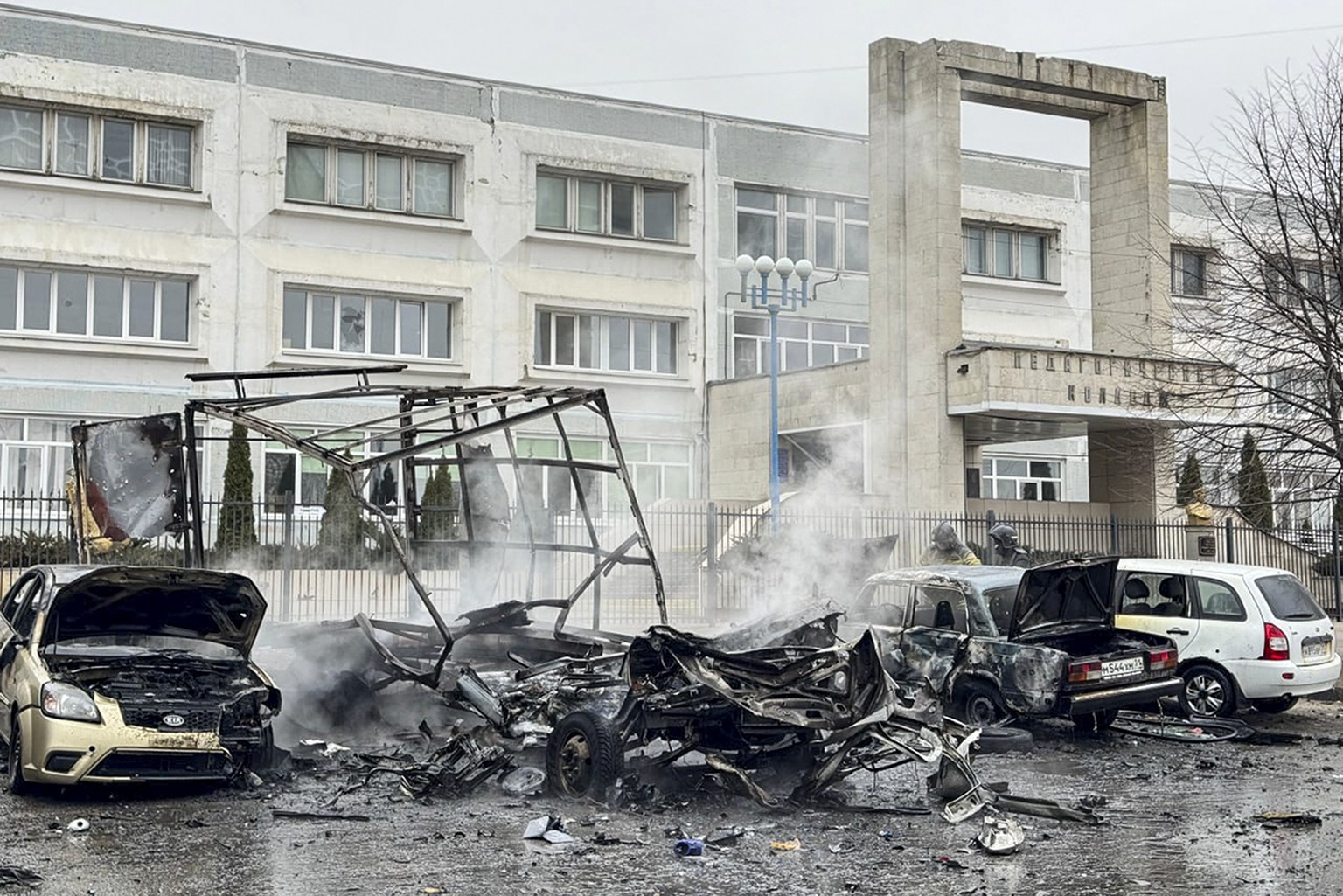 This photo released by Belgorod region governor Vyacheslav Gladkov&#039;s telegram channel on Saturday, March 16, 2024, shows broken and burned cars after shelling from the Ukrainian side, in Belgorod ...