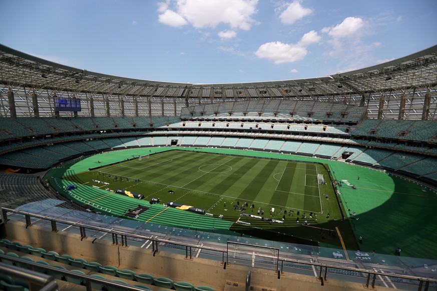 epa07607418 General view of the pitch at the Baku Olympic Stadium, Baku, Azerbaijan, 28 May 2019, which will host the UEFA Europa League final between Chelsea and Arsenal on 29 May. EPA/ZURAB KURTSIKI ...