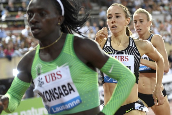 Francine Niyonsaba from Burundi, Selina Buechel from Switzerland and Lynsey Sharp from Great Britain, from left, compete in the women&#039;s 800m race at the Athletissima IAAF Diamond League internati ...