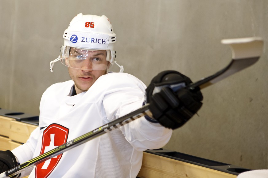 Switzerland&#039;s forward Sven Andrighetto gestures, during a Swiss team training optional session, at the IIHF 2018 World Championship, at the practice arena of the Royal Arena, in Copenhagen, Denma ...