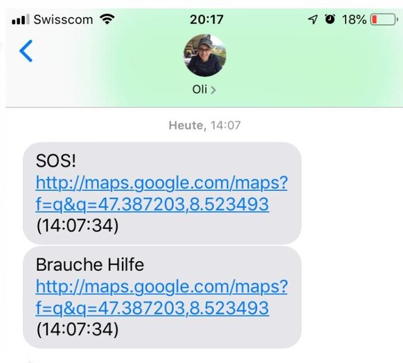 Der Notfallkontakt erhält eine SMS mit dem aktuellen Standort. Hat die Person in Not die Optionen «Bilder und Tonaufnahmen anhängen» aktiviert, werden diese mitgeschickt.