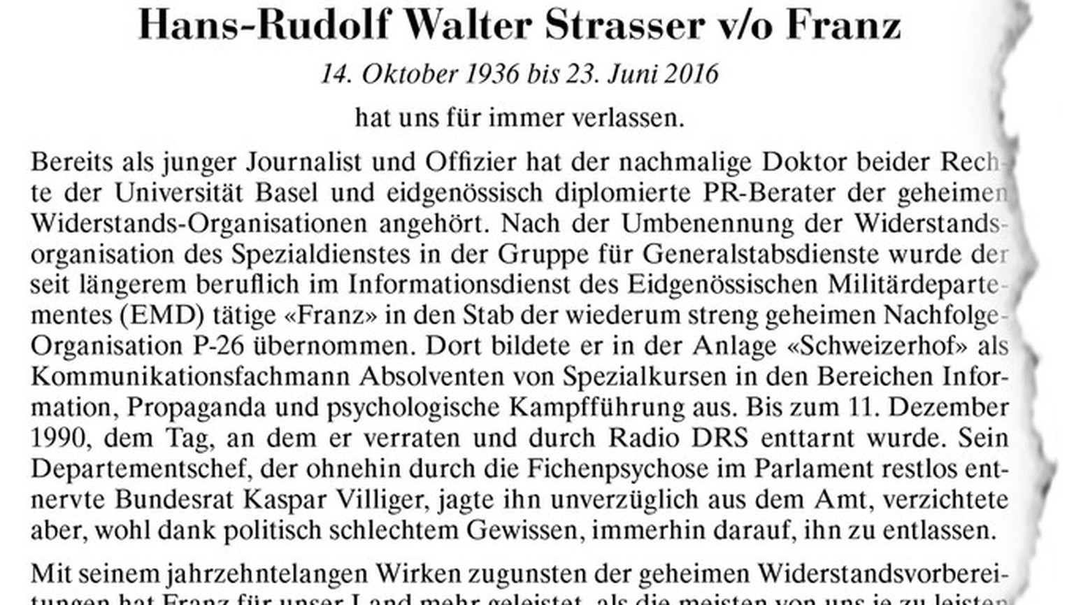 Die Todesanzeige von Hans-Rudolf Walter Strasser v/o Franz.