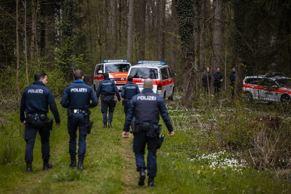 Einsatzkraefte der Polizei auf dem Weg von Aktivisten die ein Waldstueck nahe der Deponie Chalberhau im Ruemlanger Wald besetzen, am Samstag, 8. April 2023 in Ruemlang. Rund 20 Aktivisten protestieren ...