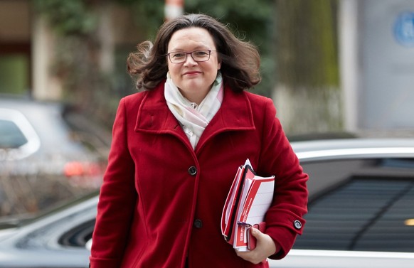 epa06497732 The chairwoman of the Social Democratic Party (SPD) parliamentary group, Andrea Nahles, arrives for another meeting of the coalition talks at the headquarters of Social Democratic Party (S ...