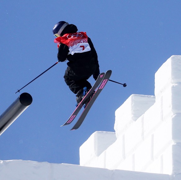 epa09754970 Mathilde Gremaud of Switzerland in action during Women&#039;s Freestyle Skiing Slopestyle qualification at the Zhangjiakou Genting Snow Park at the Beijing 2022 Olympic Games, Beijing muni ...