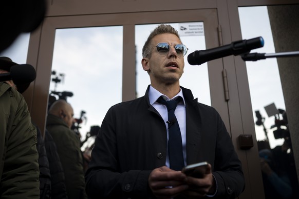 Former Hungarian government insider Peter Magyar addresses journalists outside the Public Prosecutor&#039;s office in Budapest, Hungary on Tuesday March 26, 2024. Magyar published an audio recording o ...