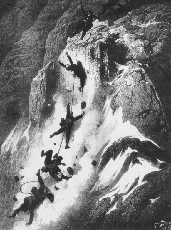 Die erste Tragödie am Matterhorn, gezeichnet von Gustave Doré: Der Bezwinger der Doufourspitze stürzt ihn den Tod.