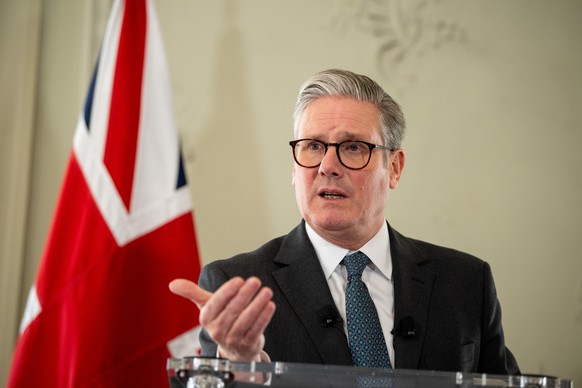 epa11992128 British Prime Minister Keir Starmer speaks during a news conference at the UK ambassador&#039;s residence following the Ukraine summit in Paris, France, 27 March 2025. French President on  ...