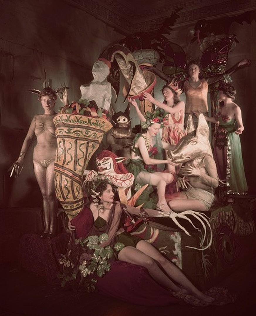 Pupils from the Heatherley School of Fine Art pose in fancy dress as part of their tableau representing aspects of the Baroque ahead of their appearance at the 1947 Chelsea Arts Ball at the Royal Albe ...